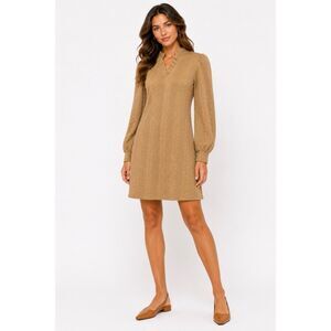 Veveret Cable Knit Textured Mini Dress Women's Large Tan Puff Sleeve Ruffle Neck